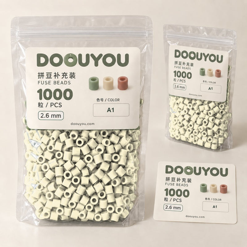 DOOUYOU A1 refill beads, 5 mm, 1000 pcs. Clear resealable pouch with brand and specification label. Packaging illustration; colors are screen references.