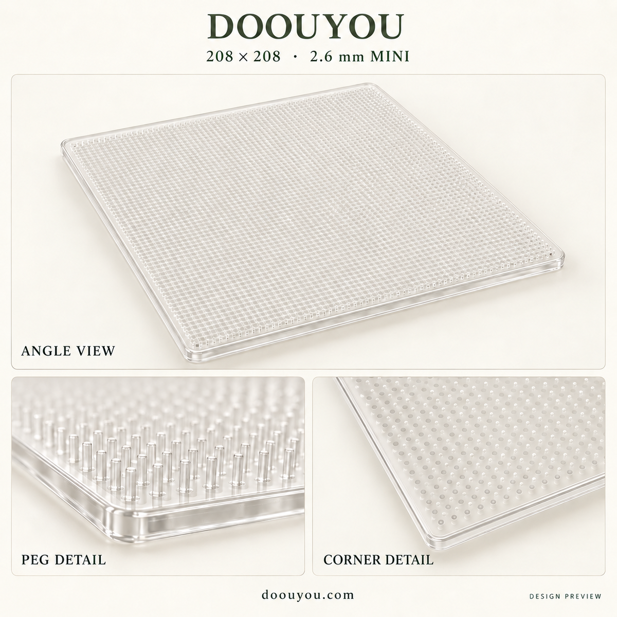 DOOUYOU 2.6 mm pegboard · 208 × 208 grid · angle, peg and corner details · design preview