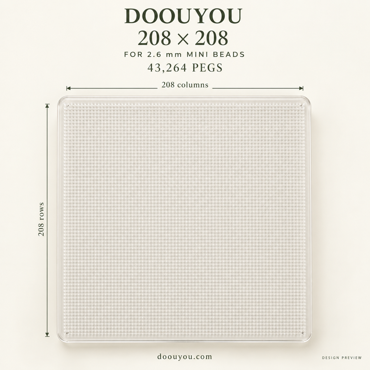 DOOUYOU 2.6 mm pegboard · 208 × 208 grid · front specification · design preview