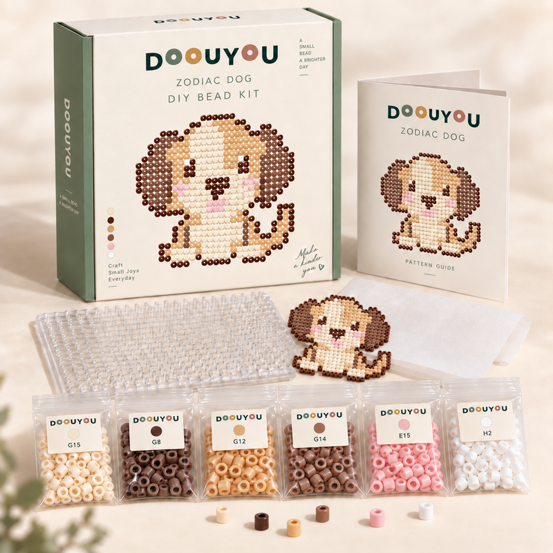 DOOUYOU Zodiac Dog DIY kit concept: packaging, color-sorted beads, pegboard, tweezers, ironing paper and chart; digital illustration, not a product photo.