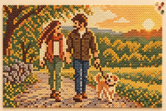 Fuse-bead picture of a couple walking their dog in sunlight, with each hollow bead clearly visible