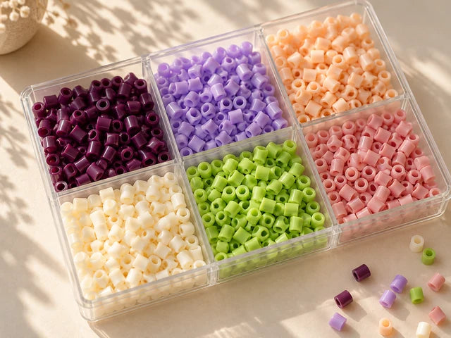 Colorful hollow fuse beads sorted into a clear organizer