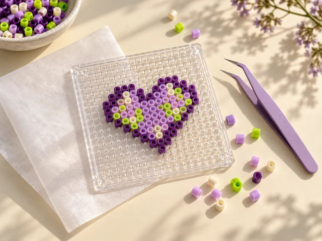Clear pegboard, a beaded heart, and purple craft tweezers