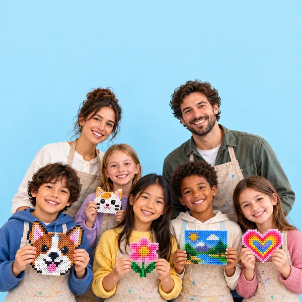 Illustrative scene of children and artists holding their fuse bead creations.