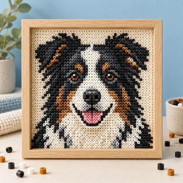 Creative example of a framed pet portrait made from fuse beads