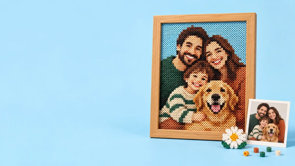 A family and their dog made into a fuse-bead portrait in a light ash wood frame