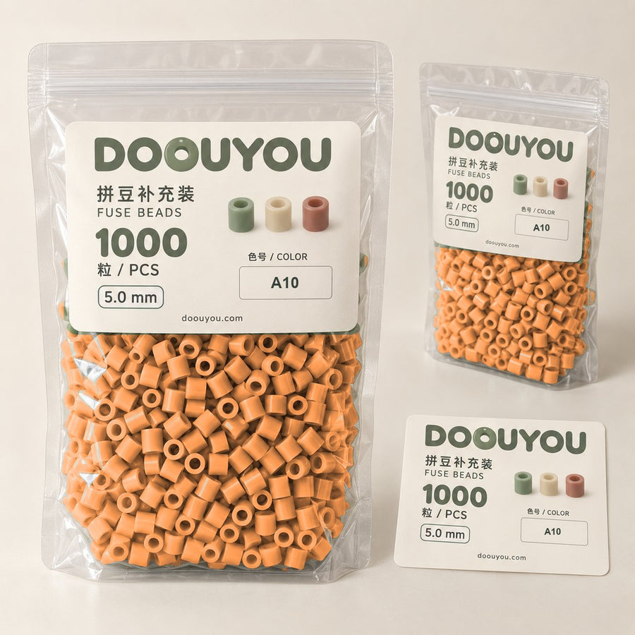 DOOUYOU A10 refill beads, 5 mm, 1000 pcs. Clear resealable pouch with brand and specification label. Packaging illustration; colors are screen references.