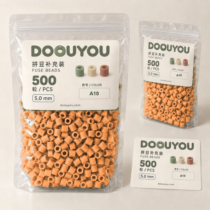 DOOUYOU A10 refill beads, 5 mm, 1000 pcs. Clear resealable pouch with brand and specification label. Packaging illustration; colors are screen references.