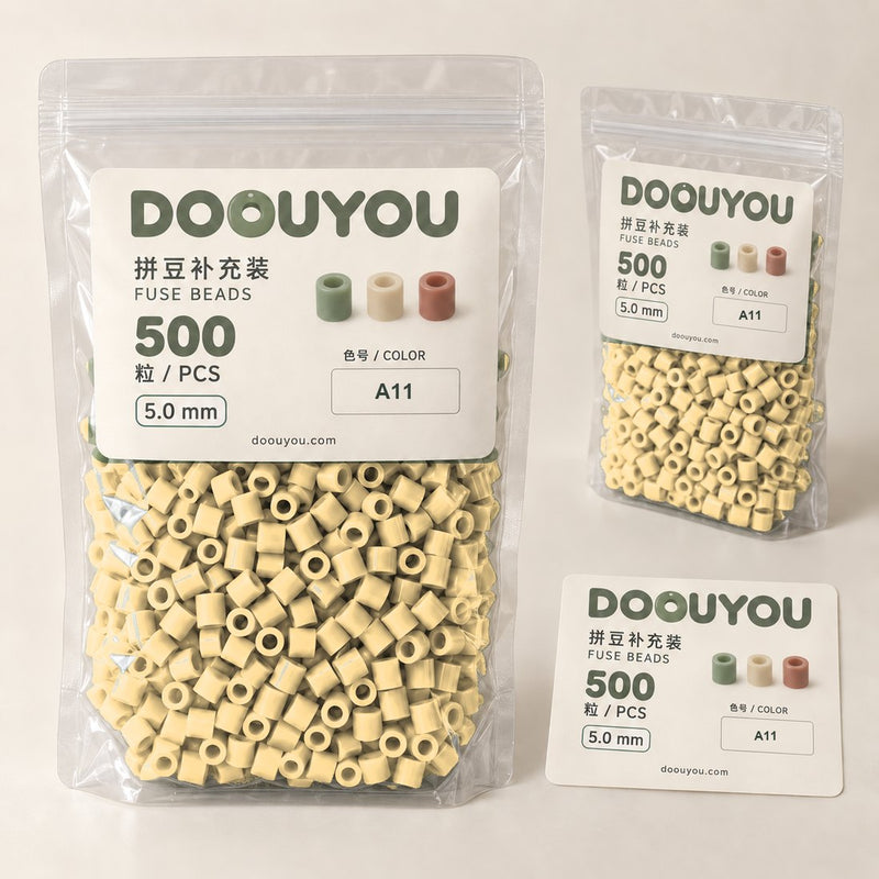 DOOUYOU A11 refill beads, 5 mm, 1000 pcs. Clear resealable pouch with brand and specification label. Packaging illustration; colors are screen references.
