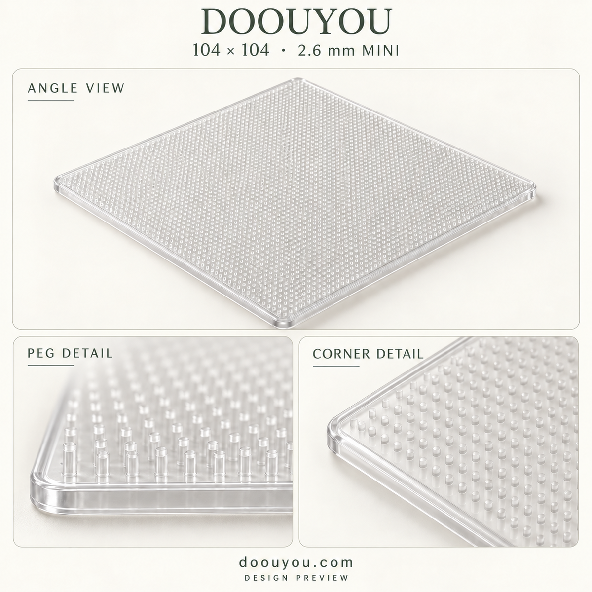 DOOUYOU 2.6 mm pegboard · 104 × 104 grid · angle, peg and corner details · design preview