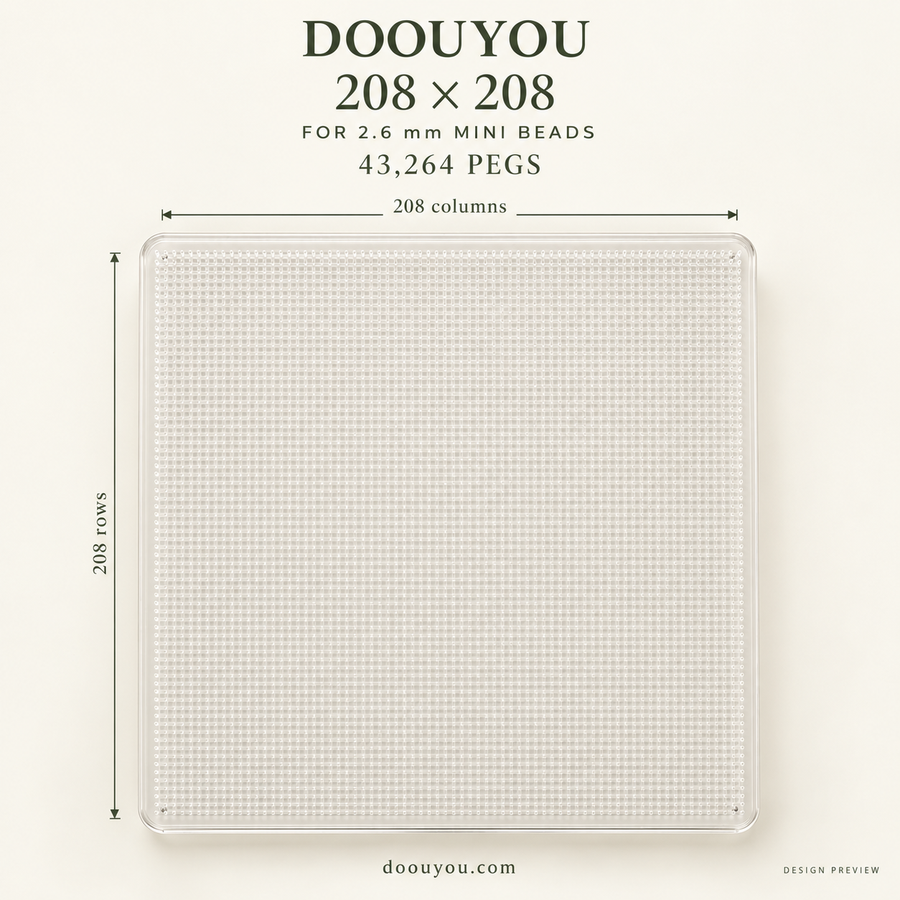 DOOUYOU 2.6 mm pegboard · 208 × 208 grid · front specification · design preview