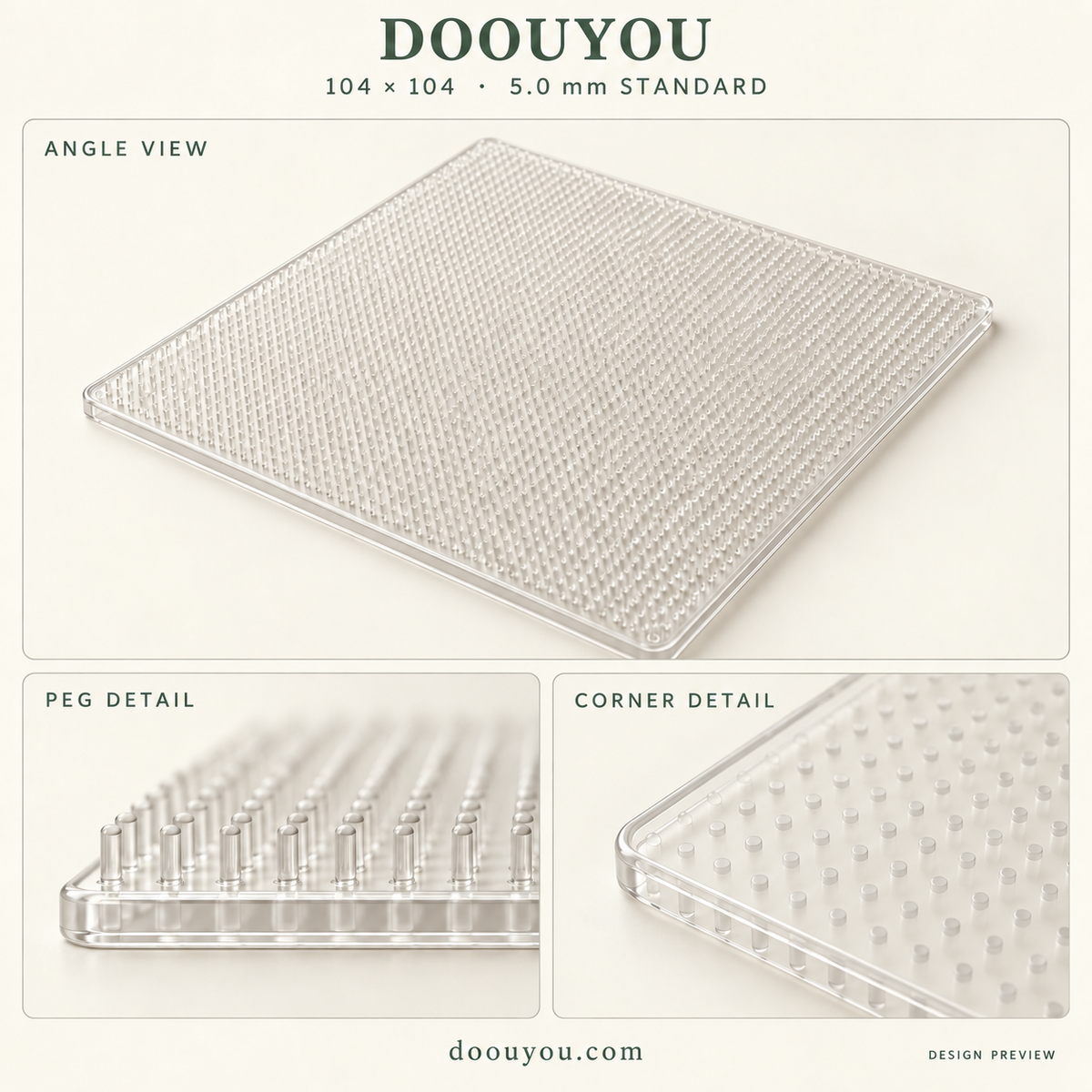DOOUYOU 5.0 mm pegboard · 104 × 104 grid · angle, peg and corner details · design preview