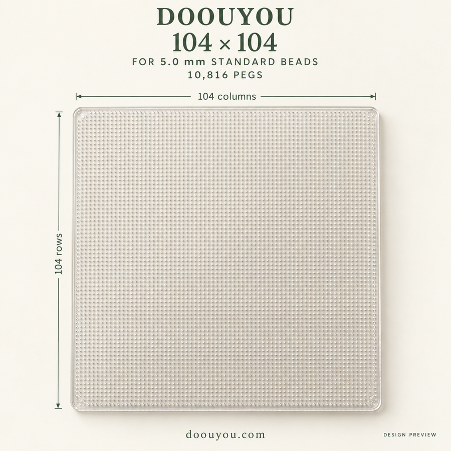 DOOUYOU 5.0 mm pegboard · 104 × 104 grid · front specification · design preview