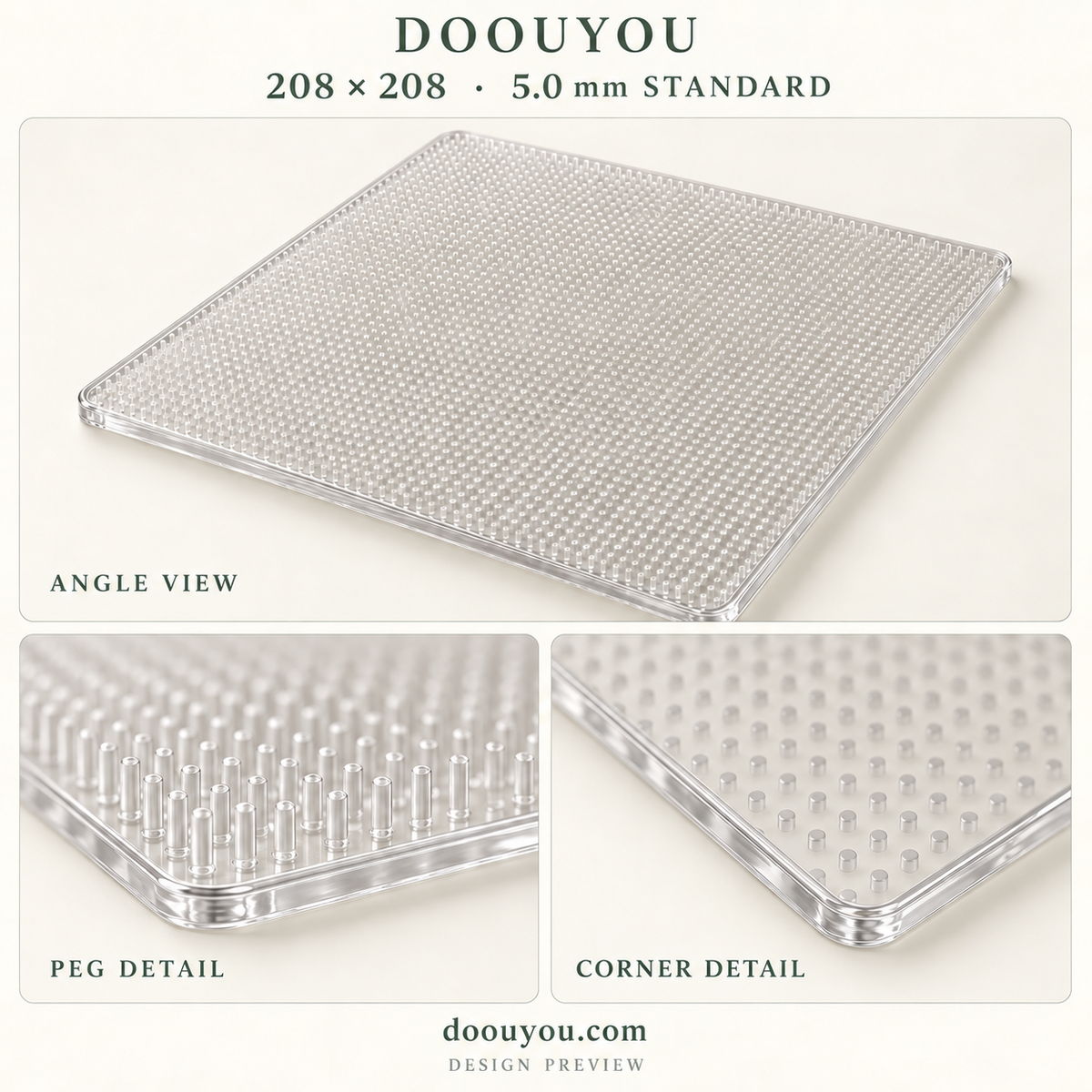 DOOUYOU 5.0 mm pegboard · 208 × 208 grid · angle, peg and corner details · design preview