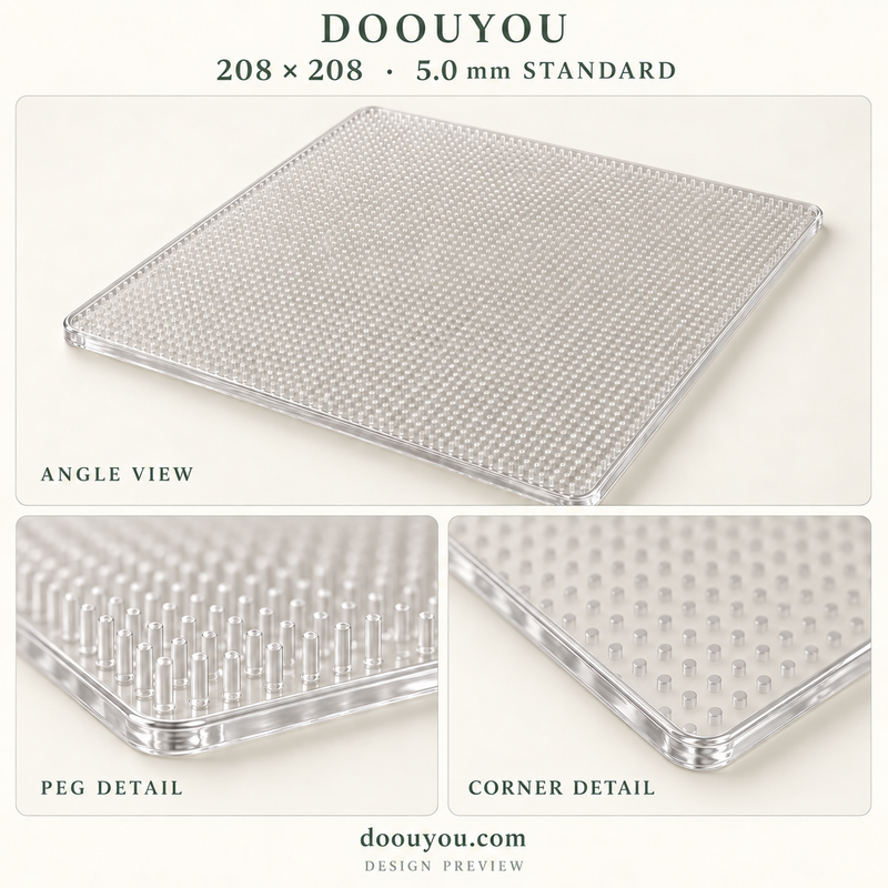 DOOUYOU 5.0 mm pegboard · 208 × 208 grid · front specification · design preview