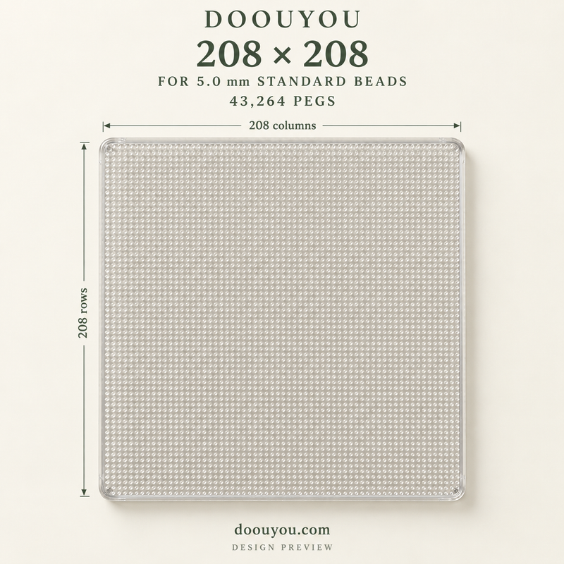 DOOUYOU 5.0 mm pegboard · 208 × 208 grid · front specification · design preview