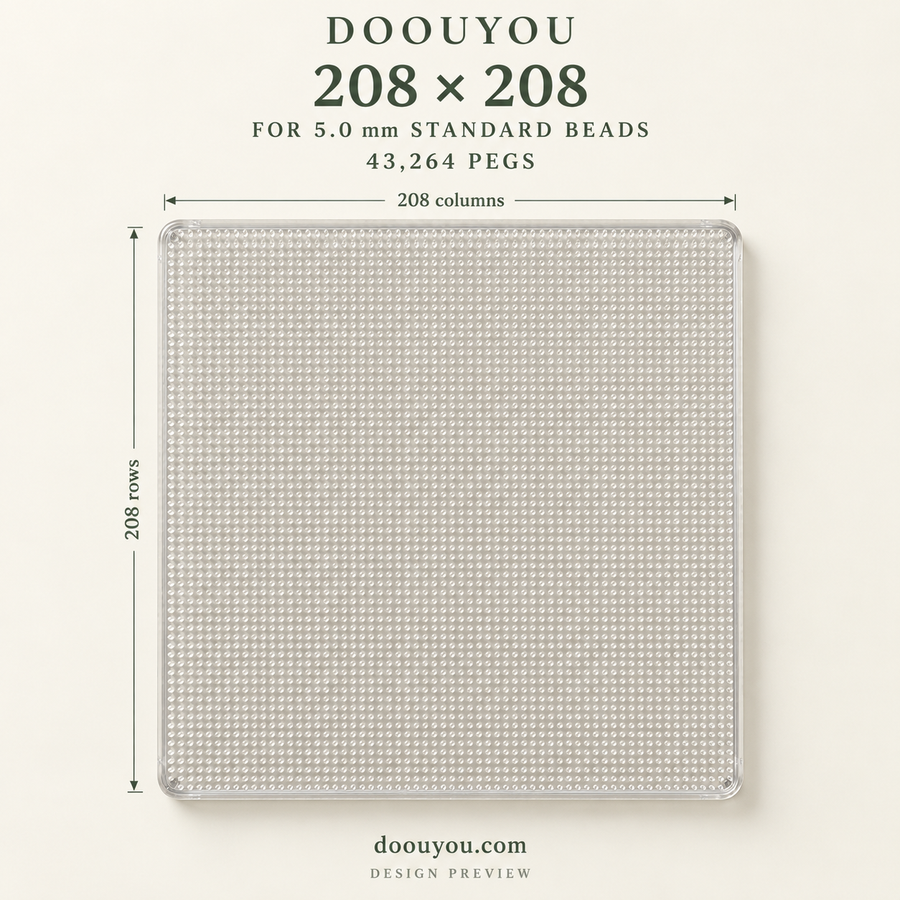 DOOUYOU 5.0 mm pegboard · 208 × 208 grid · front specification · design preview