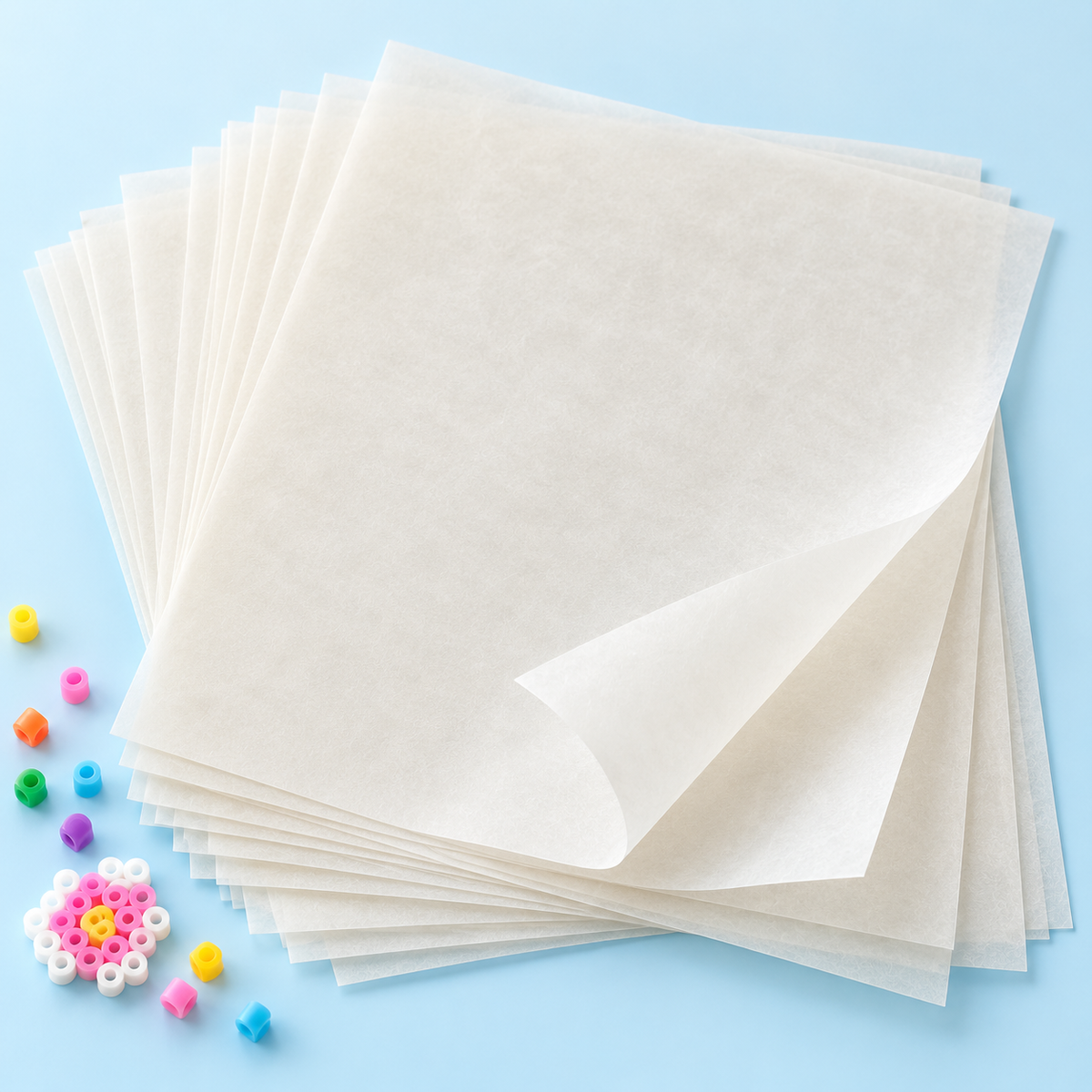 Concept image of translucent fuse bead ironing paper on a blue craft surface