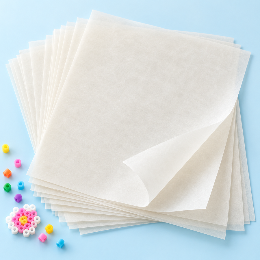 Concept image of translucent fuse bead ironing paper on a blue craft surface