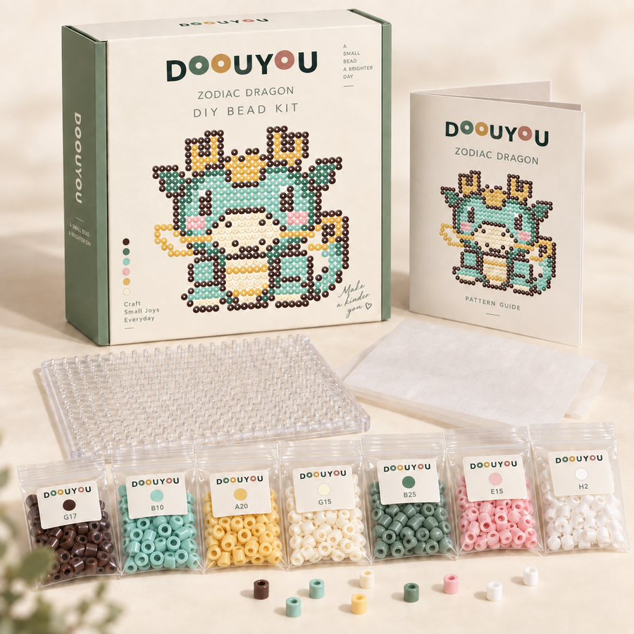 DOOUYOU Zodiac Dragon DIY kit concept: packaging, color-sorted beads, pegboard, tweezers, ironing paper and chart; digital illustration, not a product photo.