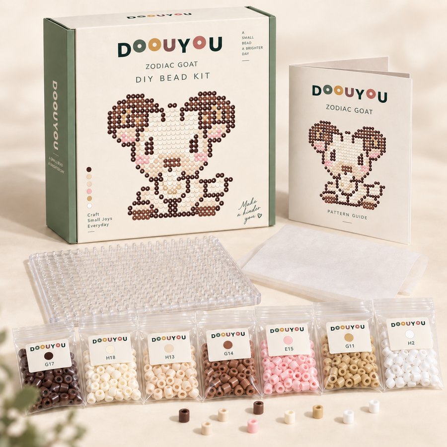 DOOUYOU Zodiac Goat DIY kit concept: packaging, color-sorted beads, pegboard, tweezers, ironing paper and chart; digital illustration, not a product photo.