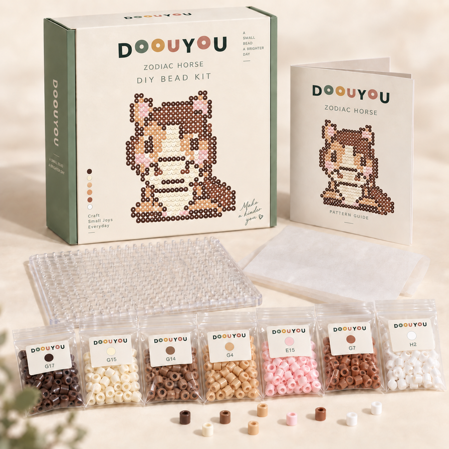 DOOUYOU Zodiac Horse DIY kit concept: packaging, color-sorted beads, pegboard, tweezers, ironing paper and chart; digital illustration, not a product photo.