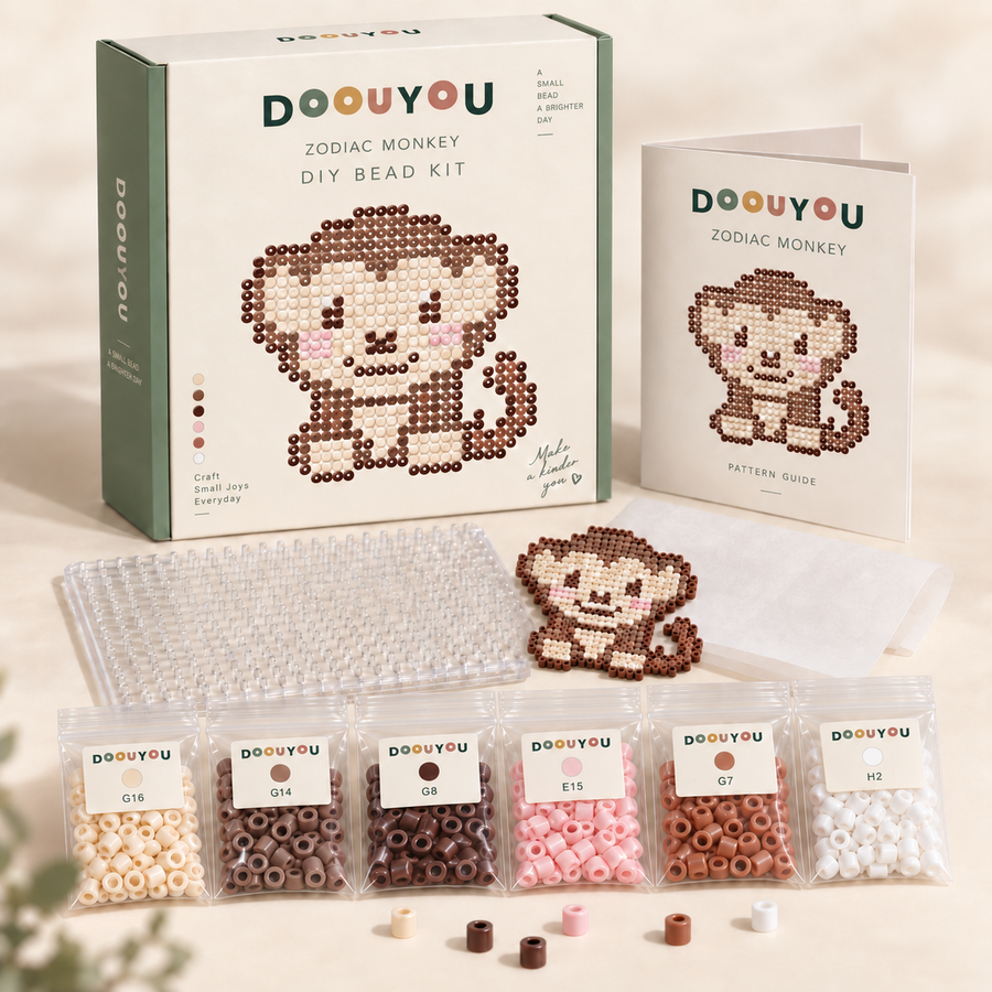 DOOUYOU Zodiac Monkey DIY kit concept: packaging, color-sorted beads, pegboard, tweezers, ironing paper and chart; digital illustration, not a product photo.