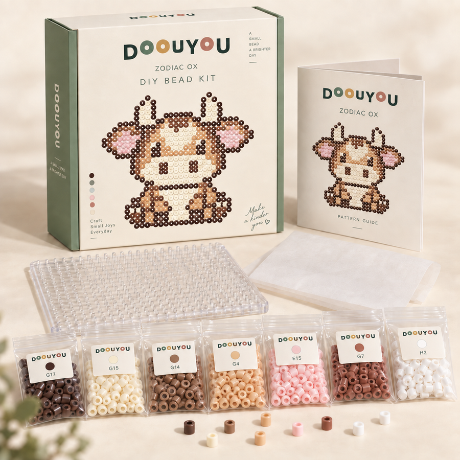 DOOUYOU Zodiac Ox DIY kit concept: packaging, color-sorted bead bags, pegboard, ironing paper and chart; digital illustration, not a product photo.