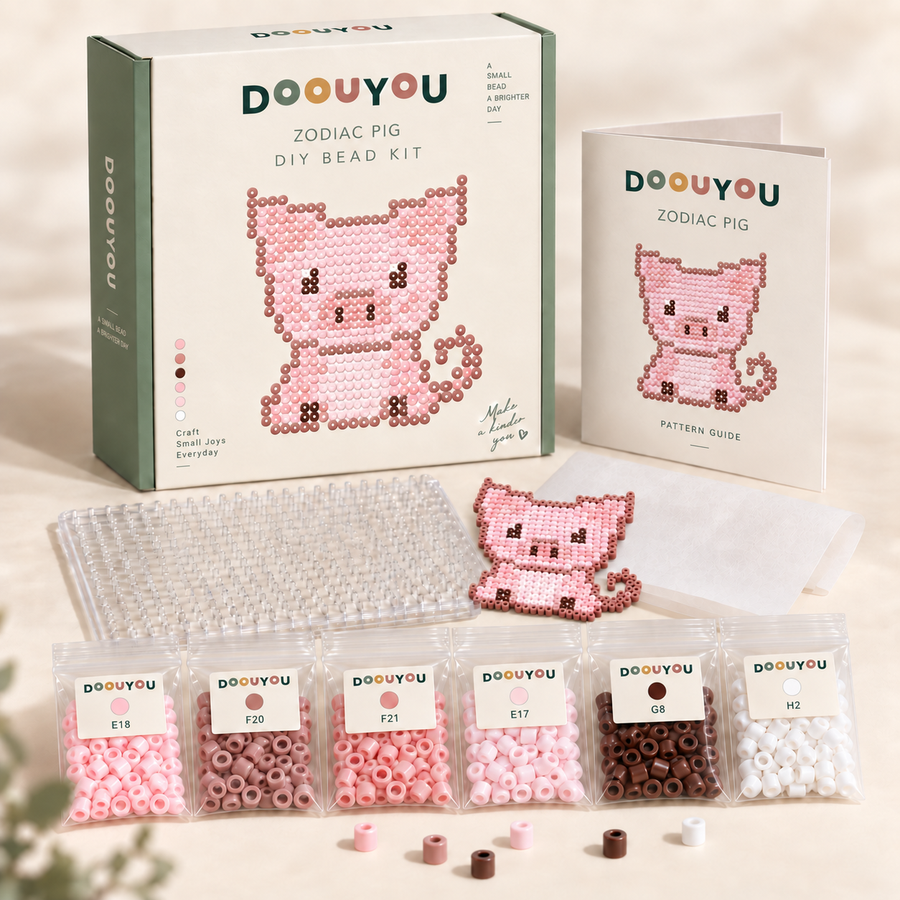DOOUYOU Zodiac Pig DIY kit concept: packaging, color-sorted beads, pegboard, tweezers, ironing paper and chart; digital illustration, not a product photo.
