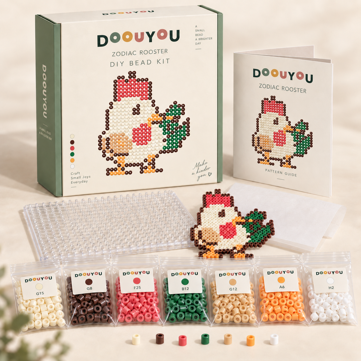 DOOUYOU Zodiac Rooster DIY kit concept: packaging, color-sorted beads, pegboard, tweezers, ironing paper and chart; digital illustration, not a product photo.