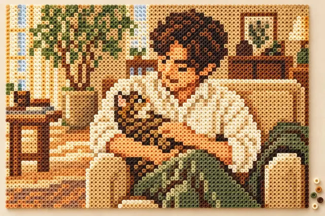 Fuse-bead portrait of a man with a tabby cat, showing the individual hollow beads and their colors