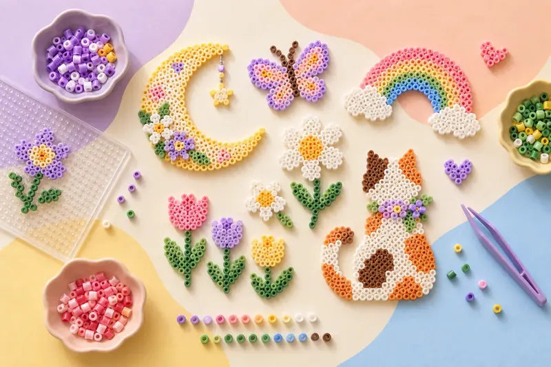An overhead arrangement of colorful hollow-bead flowers, a rainbow, a moon and a cat, with a pegboard and craft tools.
