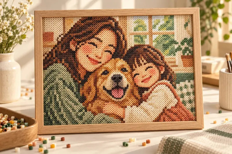 A framed fuse-bead portrait of a parent and child hugging a happy golden dog, in warm cream, sage and terracotta colors.
