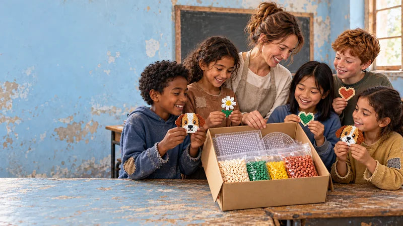 Illustrative scene of children receiving donated pegboards and fuse bead supplies in a simple classroom.