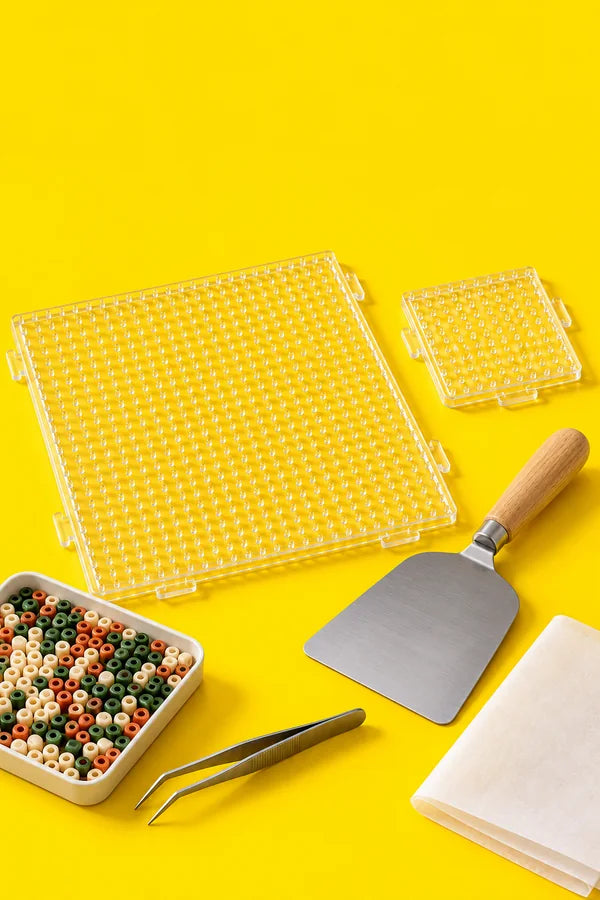 Fuse bead pegboards, a bead shovel and tweezers, arranged with colorful beads.